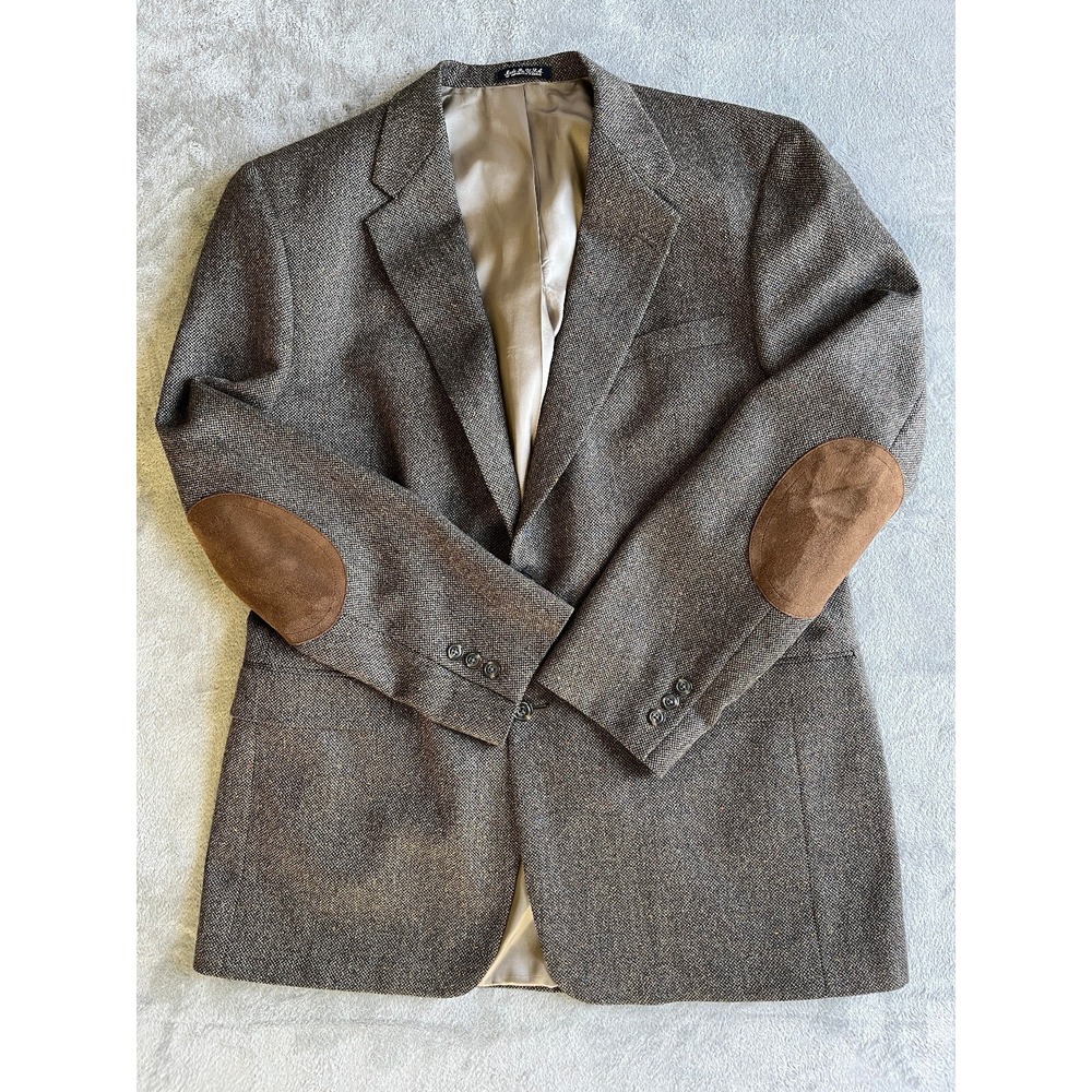 Vintage Austin Reed Tweed Wool Blazer Suit Jacket Mens 44L Brown Elbow Patches